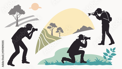 Photographers capturing outdoor landscapes and nature scenes. People enjoying travel, adventure, and photography as a hobby.