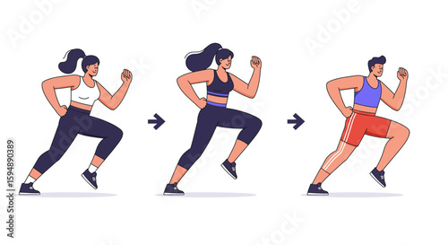 Three cartoon figures in athletic wear are depicted running or jogging, transitioning from female to male with changing outfits and hairstyles.