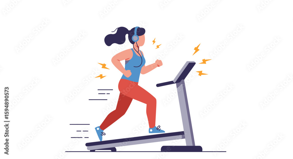 Fototapeta premium Woman jogging intensely on a treadmill, wearing headphones, energetic workout.