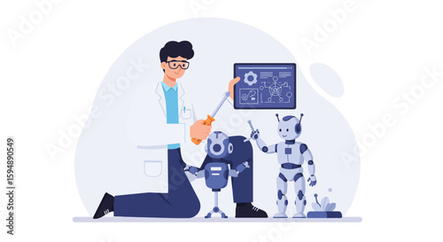 Scientist meticulously programs and repairs a small robot, alongside a larger, more advanced robotic companion.