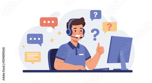 Smiling customer service representative giving thumbs up while working on a computer, surrounded by question marks and chat bubbles.