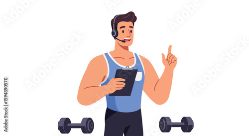 Smiling fitness instructor explains workout plan, holding clipboard, dumbbells nearby.