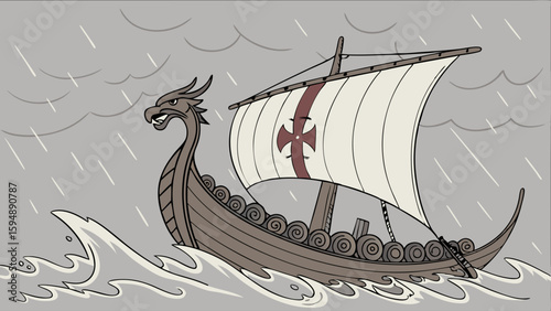 Viking longship sailing on a stormy sea with rain. Ancient dragon ship on a dangerous ocean journey in rough weather.