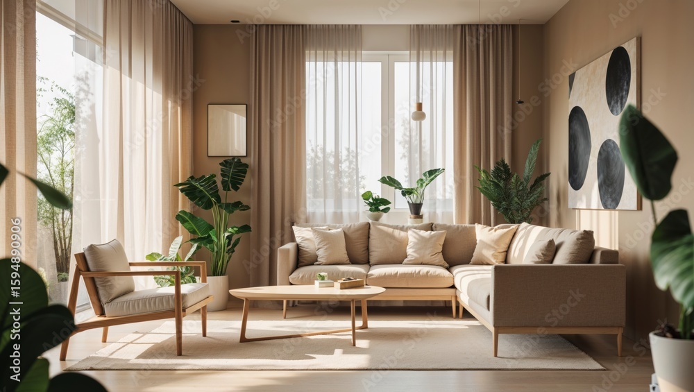 Fototapeta premium Sunlight streams into a cozy modern living room, showcasing minimalist Scandinavian design and high fidelity textures in a inviting space.