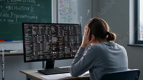A woman stressed at her desk, overwhelmed by complex data on screen.