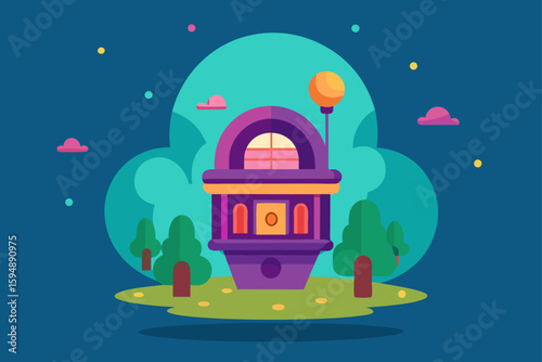 A charming cartoon winter village landscape at night, featuring a fairy tale castle and a cozy house with a cat under a snowy, moonlit sky