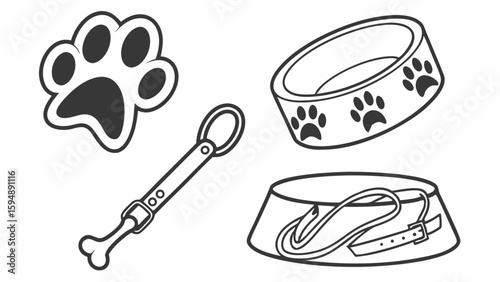 Dog Pet Accessories Set Paw Print Collar Leash Bowl Bone Toy Pet Care Supplies Collection Black White Outline