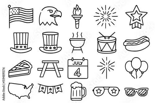 4th of July Independence Day Line Icon Set - American Patriotic Holiday Vector Icons Flag Eagle Fireworks BBQ Uncle Sam Hat Hot Dog Beer Balloons USA Celebration