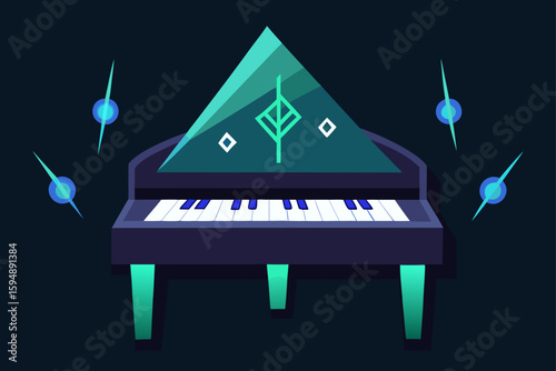 Grand piano with flowing music notes in a cozy home setting, perfect for an iconic music business design