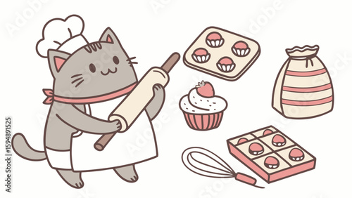 Cute cartoon cat chef baking cupcakes with rolling pin, whisk, and flour bag. Adorable kitten baker illustration.