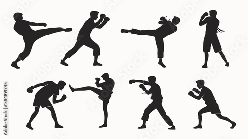 Silhouettes of martial arts fighters. Dynamic combat poses, kicking and punching. Sport, training, self-defense, fitness, strength.