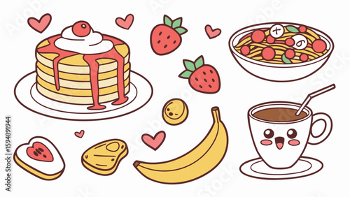 Cute cartoon food collection with kawaii breakfast items, pancakes, coffee, fruit, and sweet snacks. Hand drawn vector illustration.