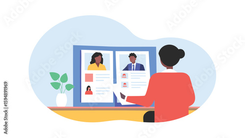 Woman reviewing candidate profiles on a screen with a plant on the desk near the monitor setup