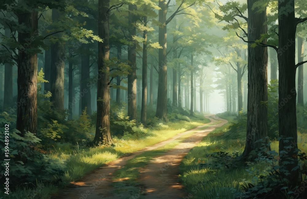 Obraz premium Winding dirt path through sunlit forest with tall trees, rich green foliage. Sunlight filters through canopy, creating dappled shadows on trail. Serene scene evokes sense of peace, nature beauty,