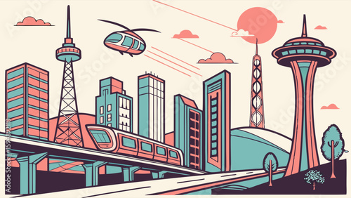Futuristic city skyline with modern buildings, advanced transportation, monorail, and helicopter. Urban cityscape illustration.