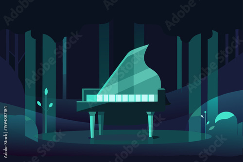 Abstract music background with piano, notes, and a city skyline silhouette