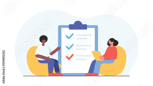 Two people sitting on beanbags with a clipboard showing checkmarks and horizontal lines