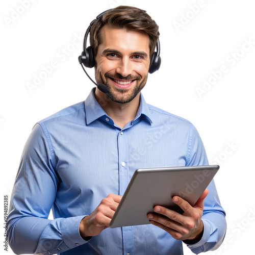Customer Service Agent Using Tablet with Friendly Smile, Isolated on Transparent Background