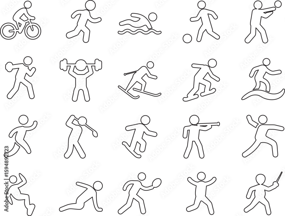 Obraz premium Outline Minimal Sports Silhouette Icons ? Flat Black Vector Set of Athletic Figures