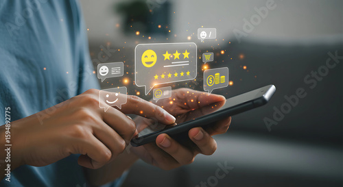 Customer Satisfaction & Feedback: Hands interact with a smartphone displaying glowing rating stars and review icons.