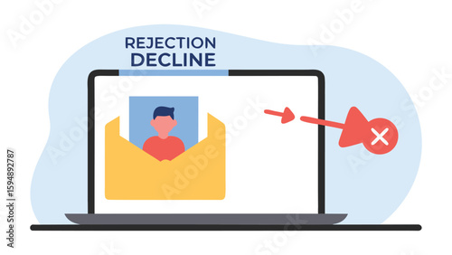 Laptop showing rejection decline message with an email containing a person and a red cross mark