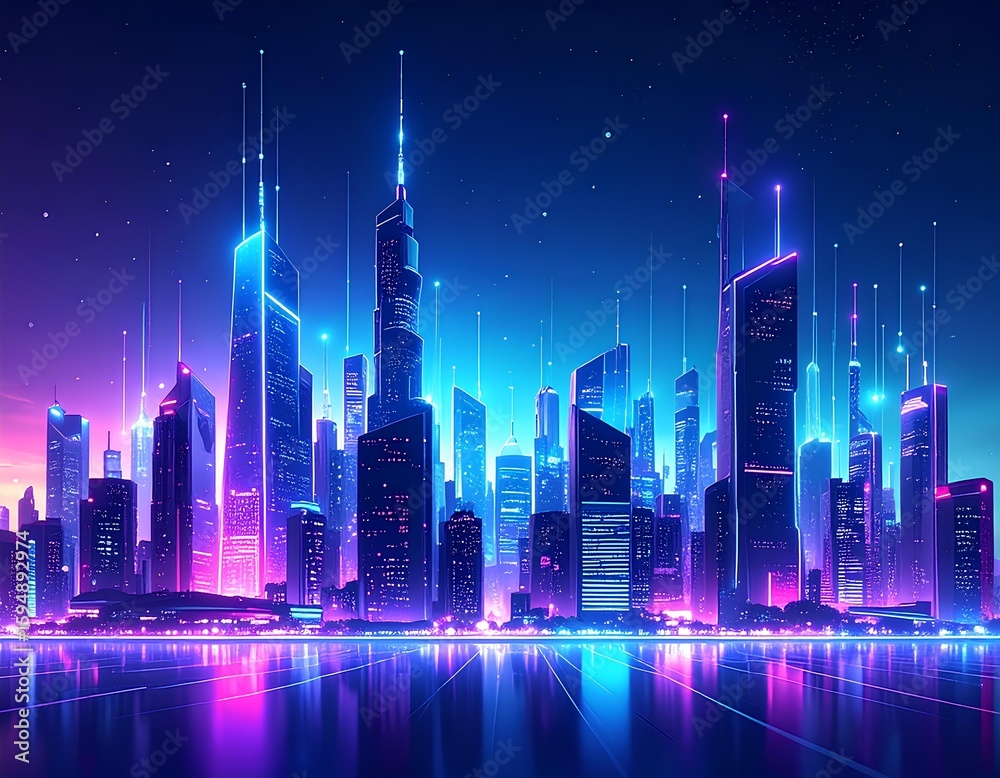 Obraz premium Futuristic cityscape with neon lights and reflections
