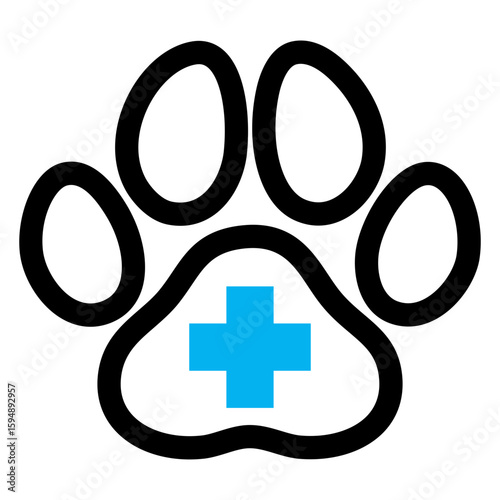 Logo clínica veterinaria. Icono con silueta de cruz en huella de perro o gato con líneas 