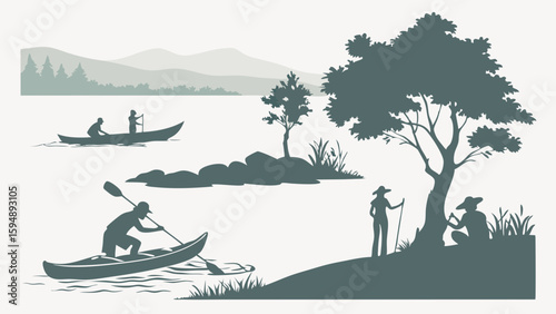 Outdoor summer activities on lake with mountains. People kayaking, canoeing, hiking, and relaxing in nature silhouette.