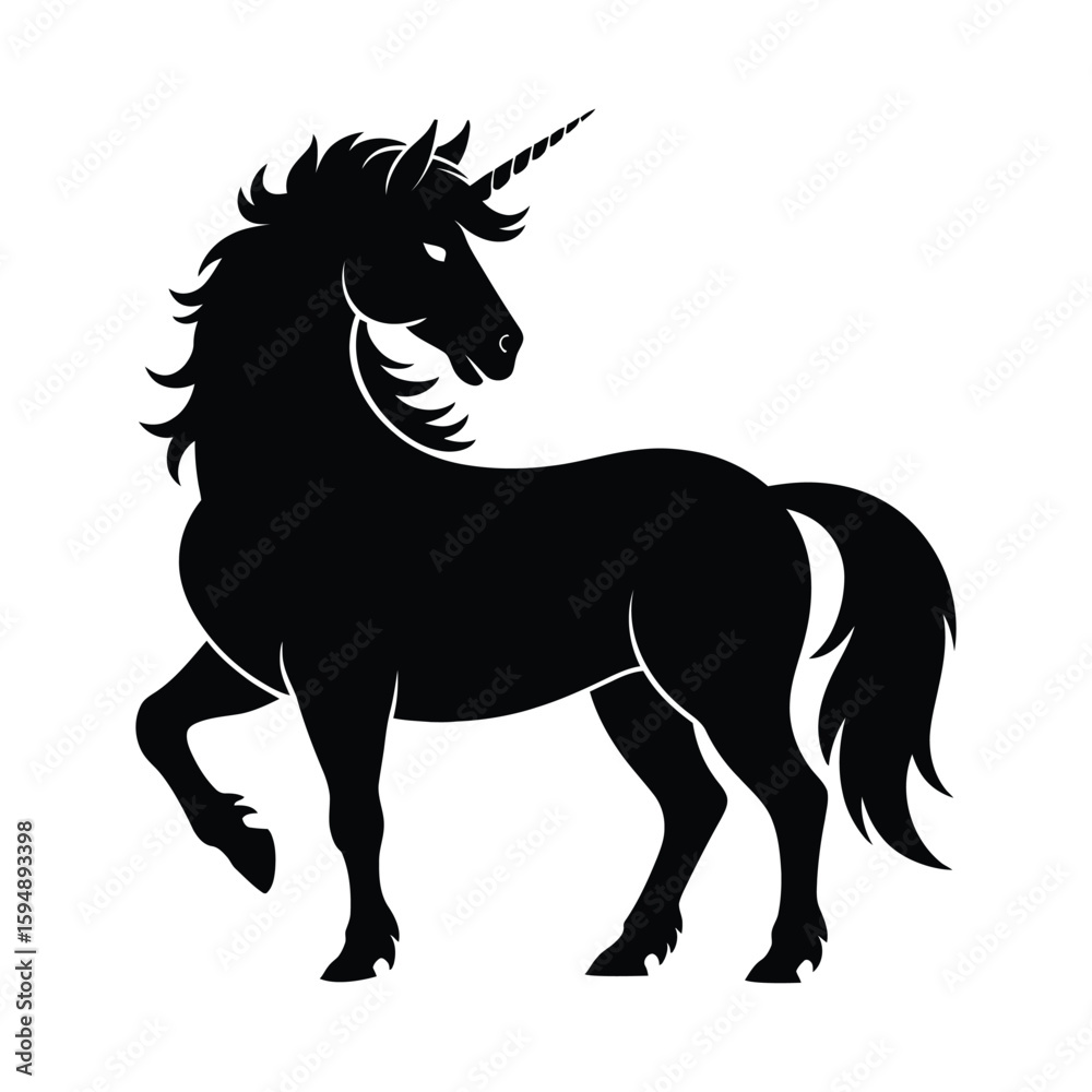 Fototapeta premium Majestic black silhouette unicorn standing proudly on white background