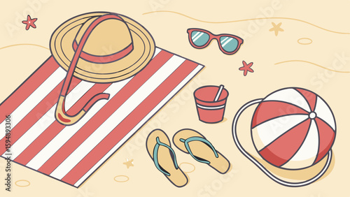Summer beach vacation holiday essentials flat lay with hat, towel, sunglasses, flip flops, and beach ball on sand.