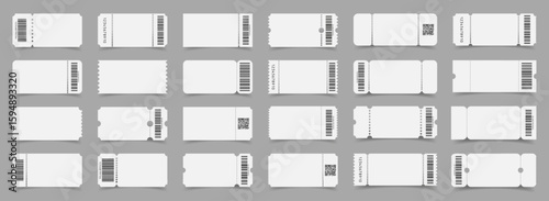 Realistic empty mockups with barcodes for cinema, theater, events, transport or boarding airplane, vouchers and coupons for shops. Vector design template for your text.