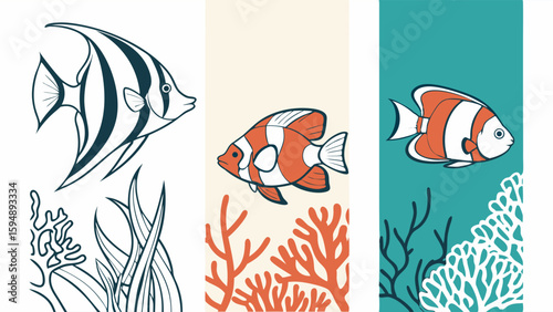Tropical fish and coral reef marine life set. Underwater ocean sea creatures collection with clownfish and angelfish.