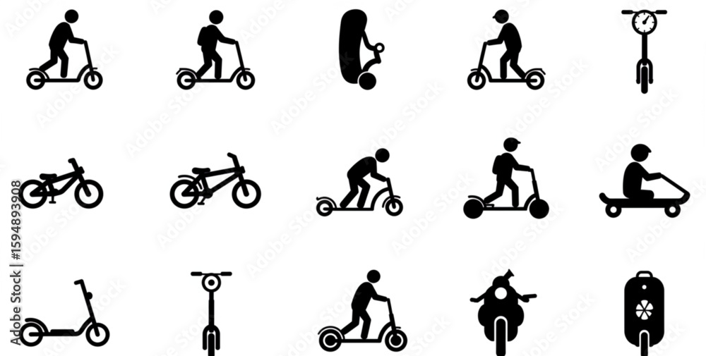 Electric Urban Transport Rent Black Silhouette Icon Set. Man Gyro scooter Bike Roller Skate Board Kick Scooter Unicycle Glyph Pictogram. Eco Device Transportation Symbol. Isolated Vector Illustration Electric Urban Transport Rent Black Silhouette Icon Set. Man Gyro scooter Bike Roller Skate Board Kick Scooter Unicycle Glyph Pictogram. Eco Device Transportation Symbol. Isolated Vector Illustration