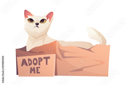 White cat sitting inside a crumpled cardboard box with Adopt Me sign, cute cartoon vector isolated illustration for animal adoption, shelter pets, and rescue campaigns