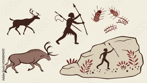 Ancient cave paintings of prehistoric people hunting deer and moose. Stone Age rock art illustration for history and anthropology.