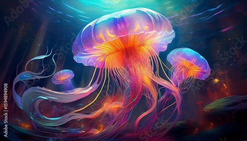 jellyfish in abstract water, glowing tentacles__ 