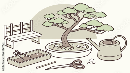Bonsai tree with gardening tools, watering can, and bench for plant care and hobby. Japanese art of cultivation.