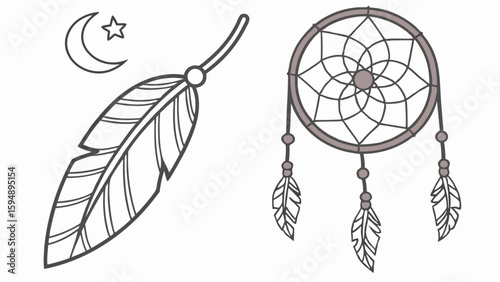 Dreamcatcher feather moon star outline vector illustration. Boho spiritual good dreams concept. Coloring page.