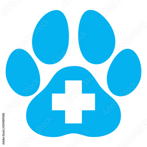Logo clínica veterinaria. Icono con silueta de huella de perro o gato con cruz en espacio negativo 