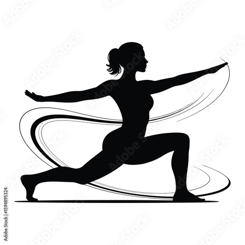 Silhouette of a woman performing a dynamic yoga pose with flowing lines