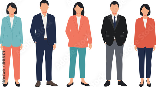 Business team illustration, professional people in formal attire, corporate teamwork, group diversity concept, modern office style, flat design characters