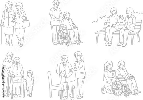 Collection of six stylized black and white line art figures in various poses
