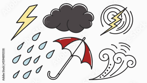 Hand drawn weather icons set. Rain, lightning, storm, wind, cloud, and umbrella symbols. Climate forecast.
