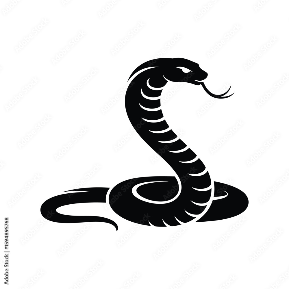 Fototapeta premium Stylized black cobra snake illustration with hood raised and tongue flicking