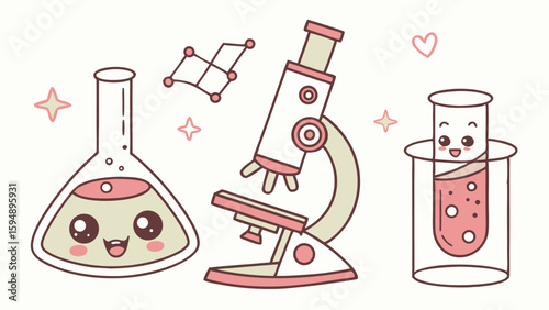 Cute cartoon science lab equipment set with microscope, flask, and test tubes. Kawaii chemistry education tools for kids.