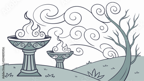 Stylized illustration of ancient fire braziers with flames and smoke blowing in strong wind on a hill. Nature elements.