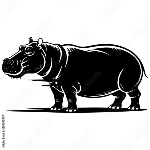 Black and white hippopotamus silhouette isolated on white background