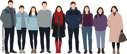 Winter fashion group illustration, people in cold weather outfits, modern seasonal clothing style, warm jackets and coats, flat vector design