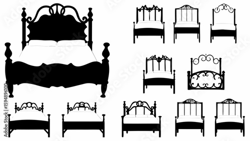 Silhouetted collection of ornate beds with decorative headboards and posts in various styles and sizes