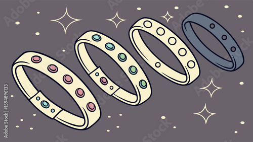 Four stylish fashion bracelets with colorful gemstones and sparkling background. Elegant jewelry accessories.
